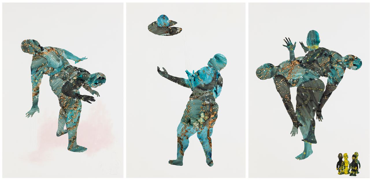 collage triptych of figures created with marbled mylar on white background